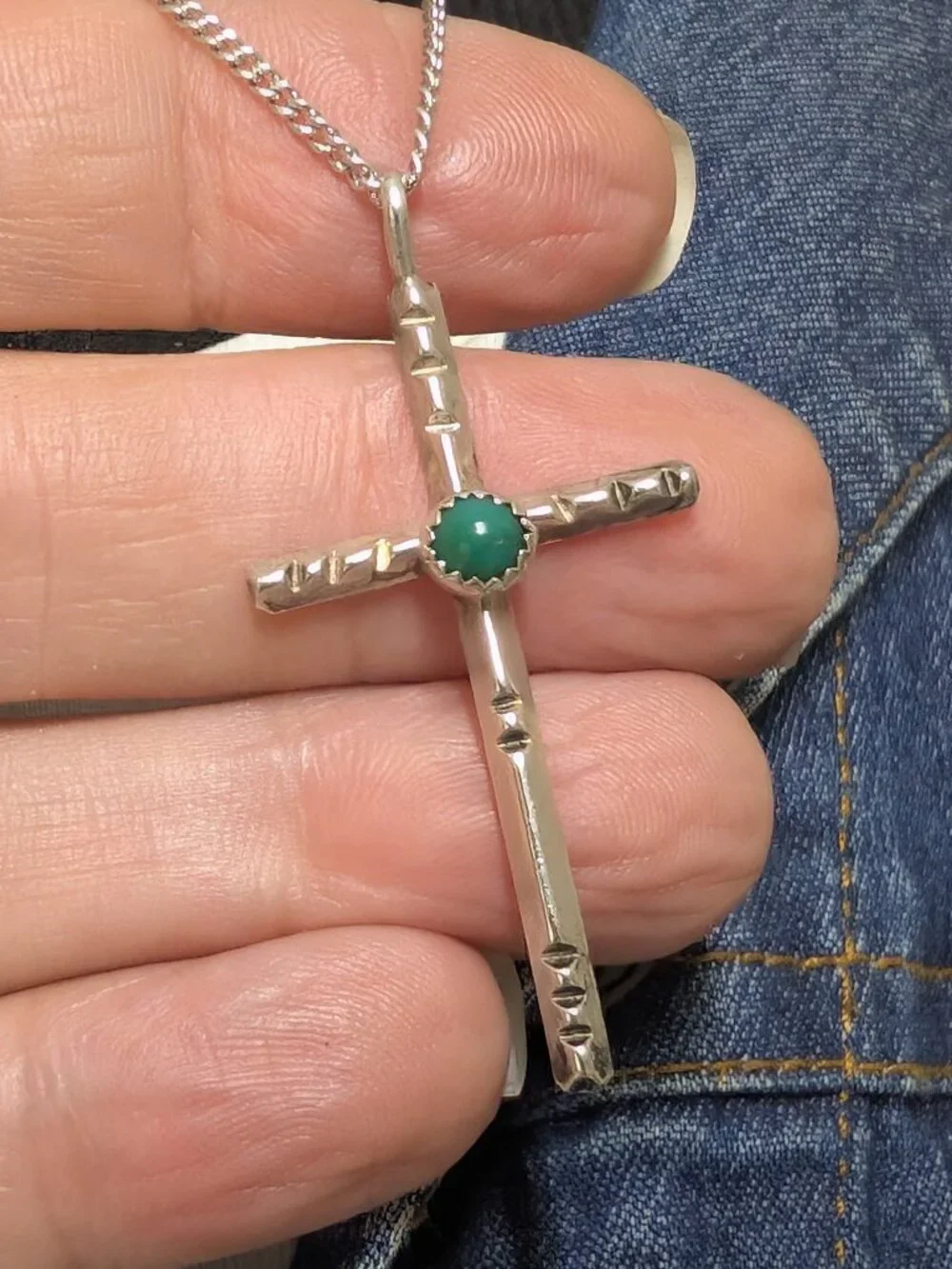 Navajo Style Sterling Silver Turquoise Cross Pendant Necklace